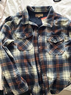 BC Clothing Men’s Navy, Cream & Orange Plaid Button-Down Shirt Jacket